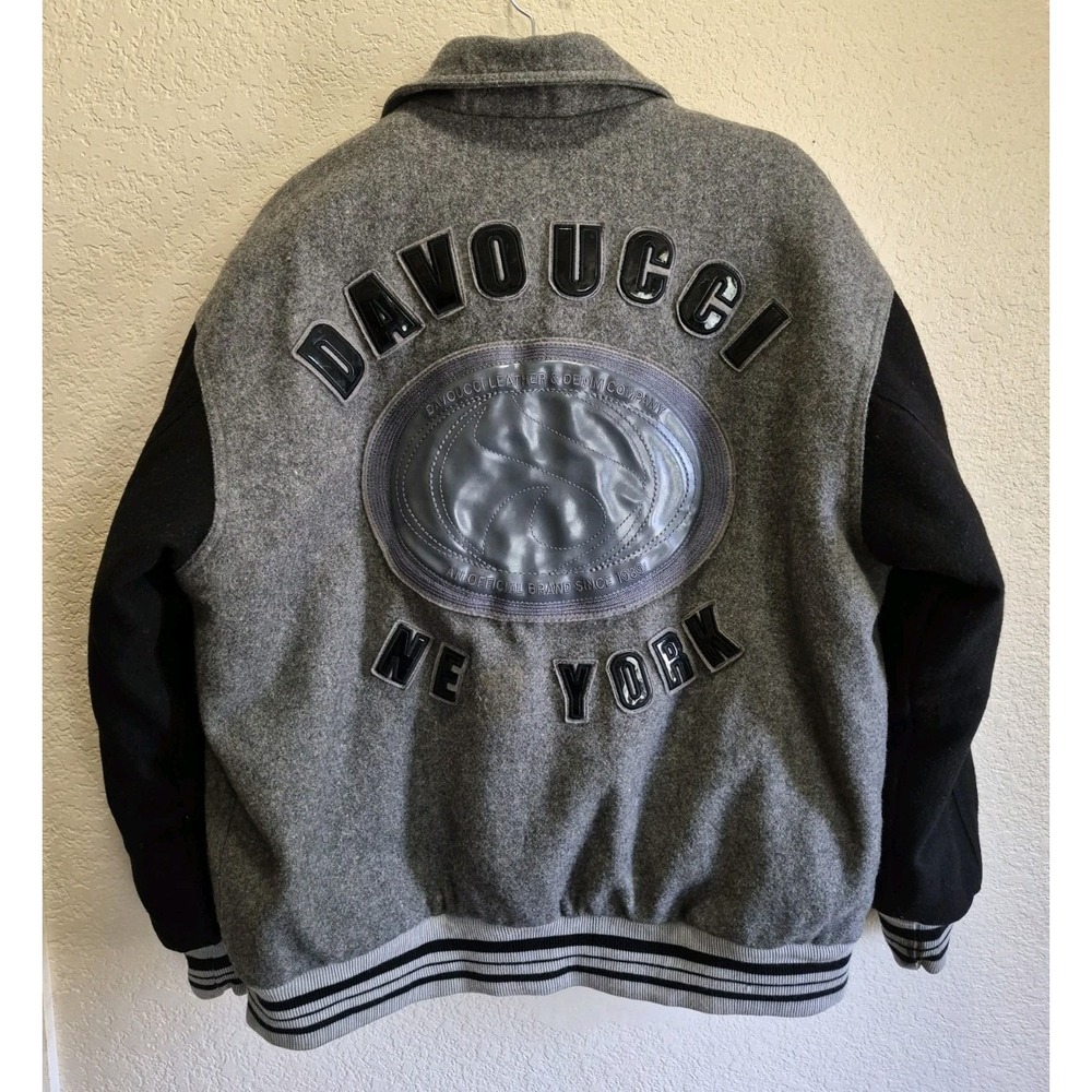 Vintage Davoucci Full Zip Snap Varsity Jacket Mens Large Black/Gray Wool 90s-Y2K